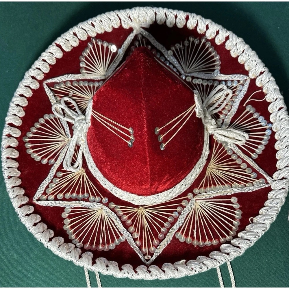 Pigalle Vintage Mexican Sombrero Velvet Charro Hat Made in Mexico Sequins Red